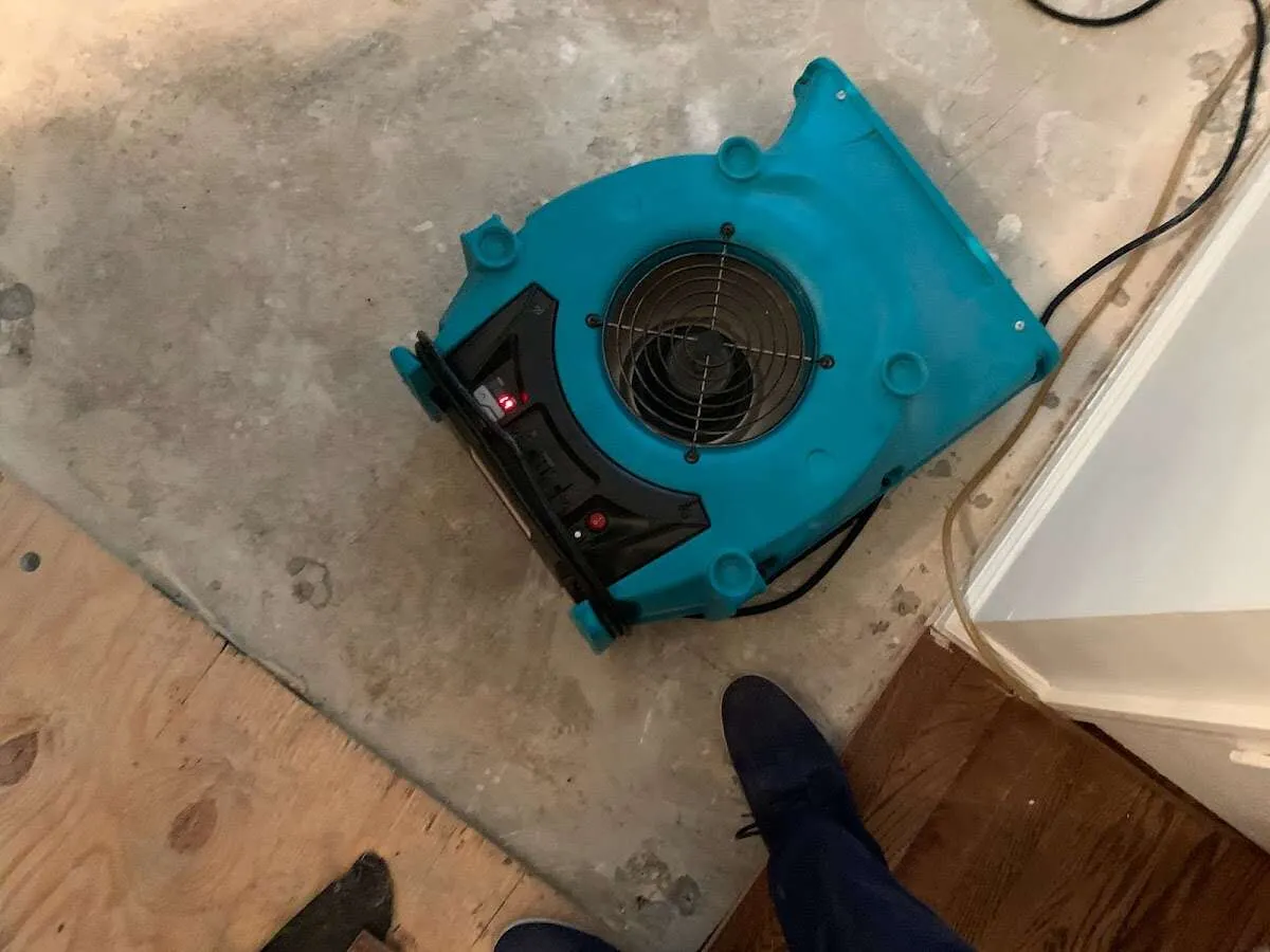Air mover drying subfloor during Commercial Water Damage Restoration in Hazle